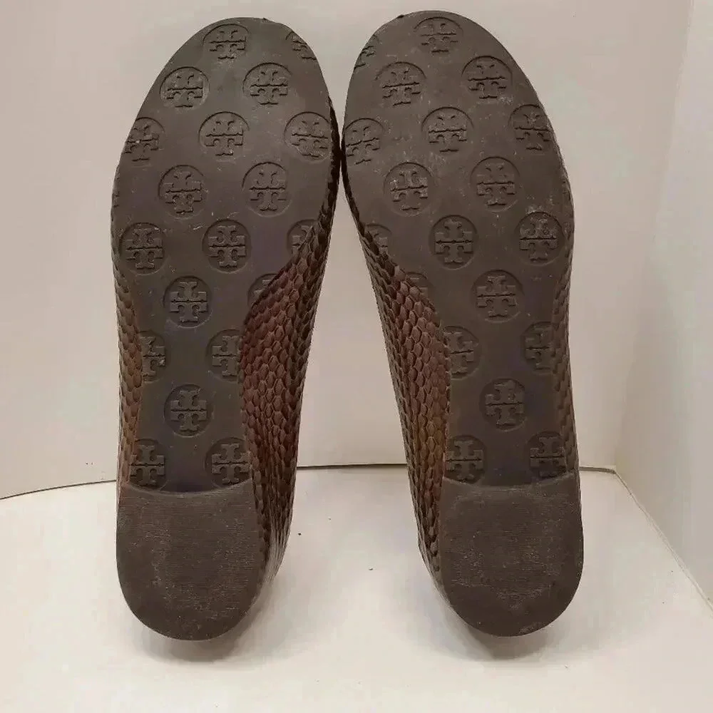 TORY BURCH Reva Ballet Flats Brown Snakeskin Print Leather w/ Gold Logo SIZE 7